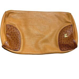 Mark Cross Vintage Clutch Bag Purse Beige Leather Ostrich Trim Dust Bag